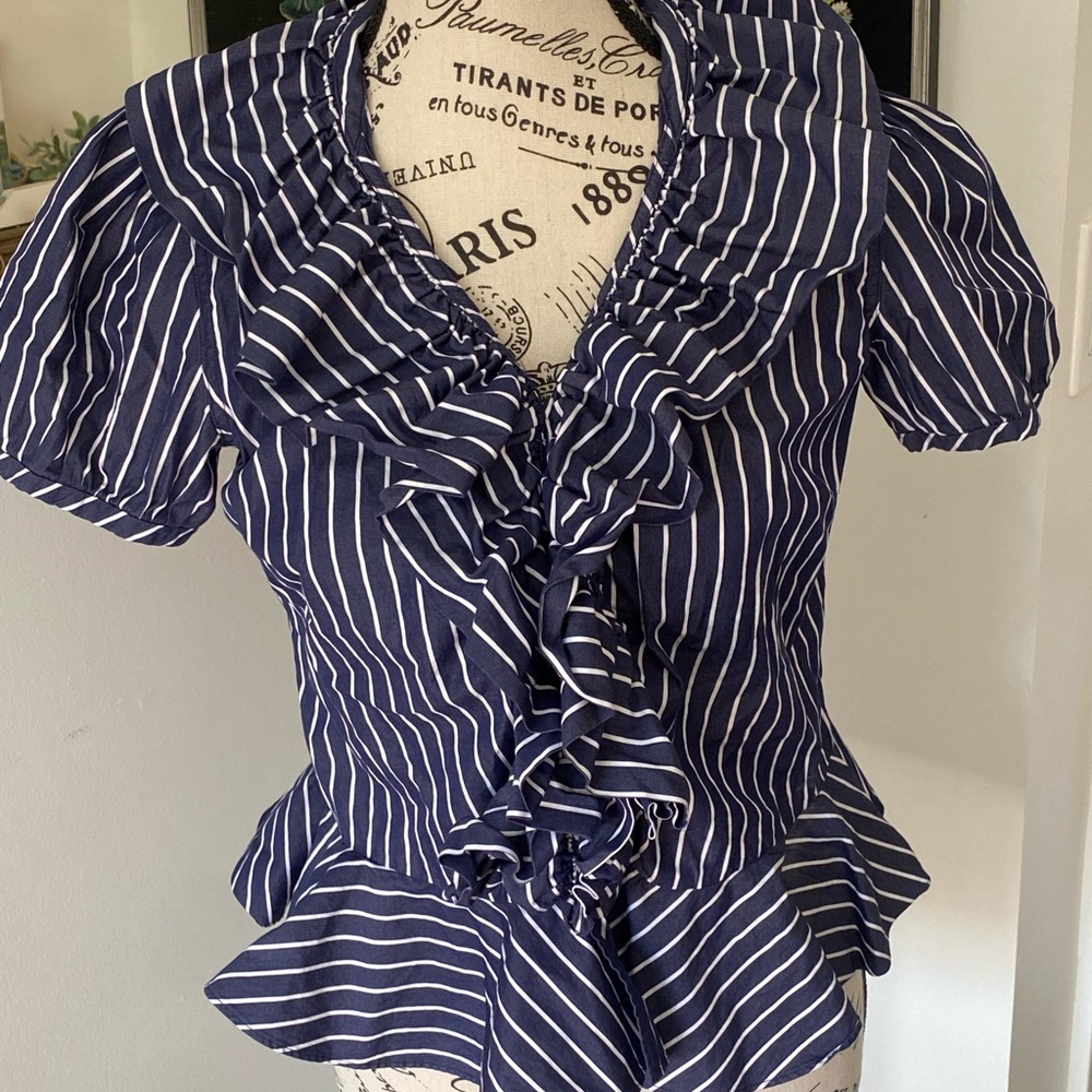 Ralph Lauren Navy Striped Ruffle Blouse